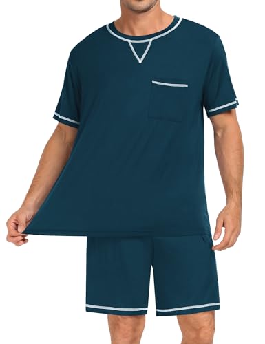 Image of SWOMOG Mens Pajamas Set Summer Sleepwear Short Sleeve Pjs Set Soft 2 Piece Lounge Set Comfy Loungewear with Pockets