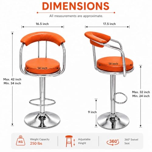 Image of Kemon Modern Adjustable Swivel Bar Stool Chair with Backrest, PU Leather Hydraulic Counter Stool with Footrest for Kitchen Island, Cafe & Home Bar (1, Orange, Round Barrel Stool)