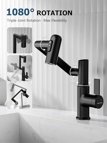 Lefton Rotatable Bathroom Faucet BF2204 with Pop-up Bathroom Sink Drain Stopper Without Overflow D01, Matte Black