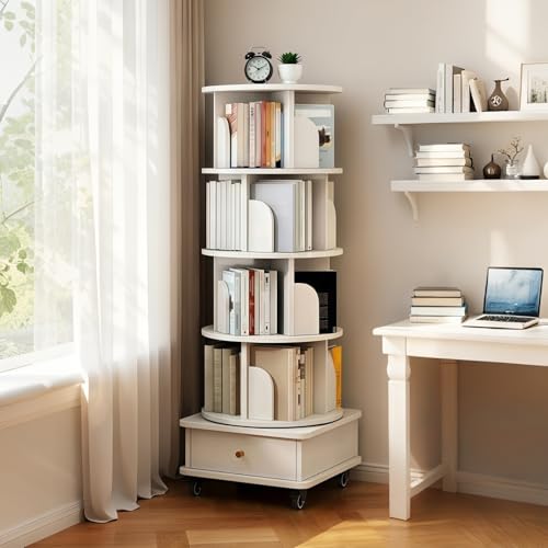 5-Tier Rotating Bookshelf with 360° Display – Round Spinning Book Tower with Wheels & Drawer, Space-Saving Organizer for Bedroom, Office, Display Bookshelf, Rotating Bookcase, Warm White - Image 5