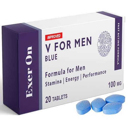 Exer On - Blue 20 Tablets for Men - 100mg Improved Vitality Formula - Strong Effect - Mens Health Support Tablets - Performance & Enhancement - Ginseng, L-Arginine, Ashwagandha, Maca Root