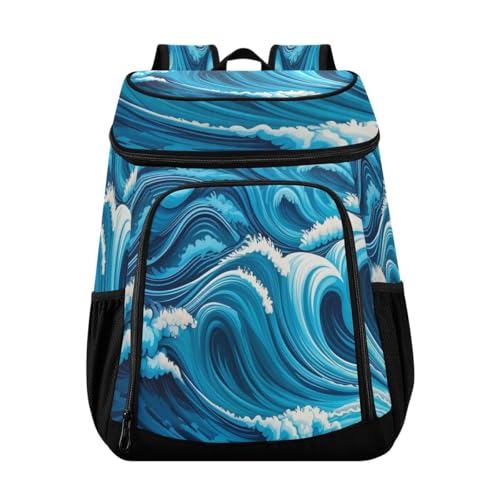 Ocean Wave Blue Cooler Backpack Leakproof Insulated Lunch Cooler Bag 30 Cans Camping Backpacks for Beach Hiking Camping