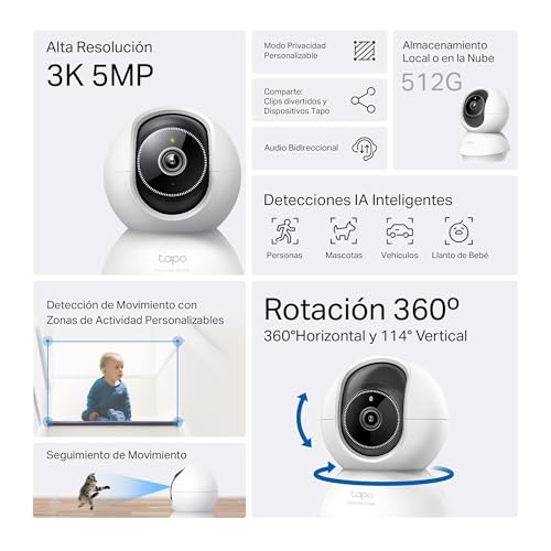 Miniatura 2 de Tapo C230 - Ia Cámara Vigilancia 360 , 3k 5mp, Alarma Sonora Luz, Visión Nocturna, Audio Bidireccional, Ai Detección Movimiento, Control Google Alexa, Tarjeta Sd Hasta 512g, Fácil Configuración