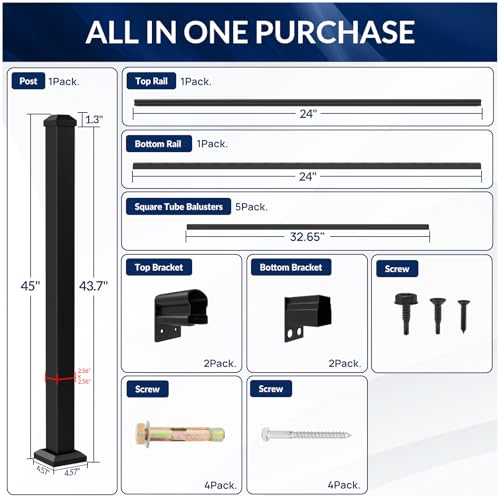 Image of Egadis 42 in. H x 2 ft. W Porch and Deck Railing Kit, Aluminum Railing Kit, Black Textured AAMA 2604 Powder-Coat Finish Modular Rail System for Outdoor Decks, Porches & Balconies(1 Post, 1 Panel)