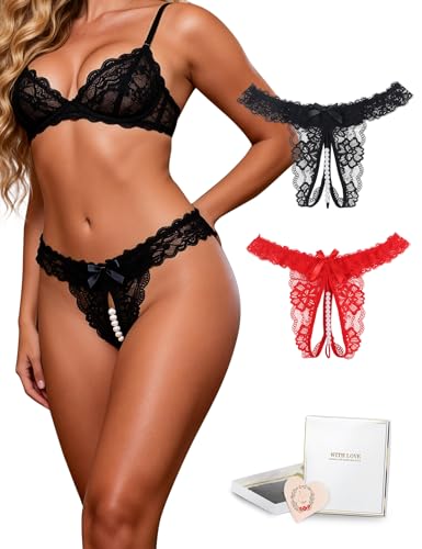 Image of sunshinelady Women's Lace Knickers with Pearl Detail Ouvert G-String Thong Low Rise Elegant Sheer Mesh Sexy Panties Lingerie with Bow Plus Size Knickers Black Red,Gift Box,UK 14