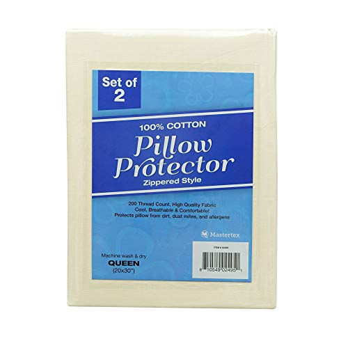 Mastertex Zippered Pillow Protectors 100% Cotton Cover, Soft & Quiet, Protects Pillows from Dirt, Dust & Allergens – Vanilla Color (2, Queen)…