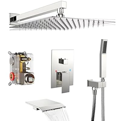 Rain Shower System 12 inch Shower Faucet Set with Tub Spout,Bathroom Wall Mounted Waterfall Shower Head Faucet Sets Complete with Handheld Spray,Rough-in Valve Body and Trim kit,Chrome Polished
