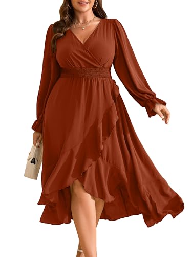 RWJ Women's Plus Size Wedding Guest Maxi Dress Wrap V Neck Long Sleeve High Low Ruffle Cocktail Fall Dresses Brown 3X-Large