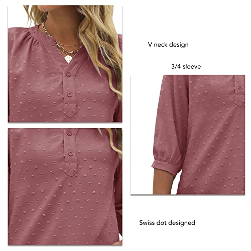 Blusa feminina de verão com decote em V, manga 3/4, túnica texturizada com bolinhas suíças, botão de