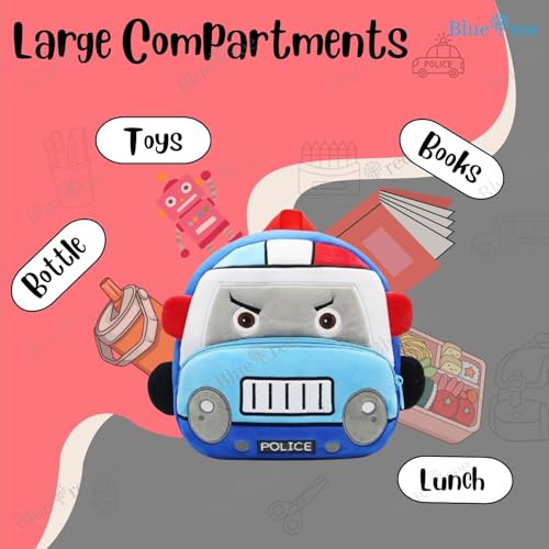 blue tree School Bag for Cute Kids for (1-6 Years), Embroidery Soft Plush Police Van Blue Bag for Toddlers, Cartoon Backpack for Baby Boys and Girls - Image 4