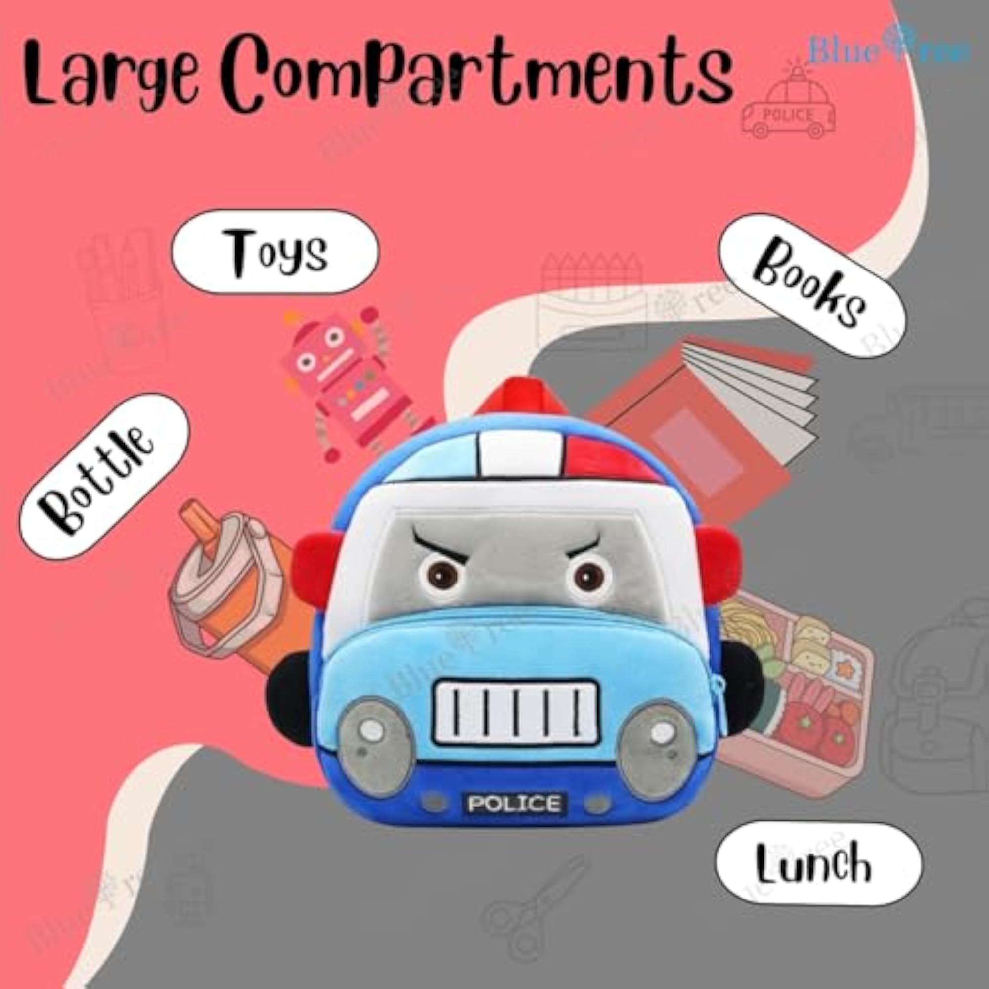 Embroidery Soft Plush Police Van Bag for Toddlers, Cartoon Backpack
