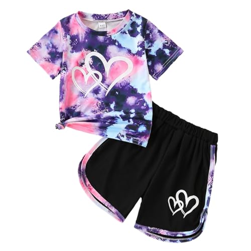 Image of Kids Girl Clothes Tie Dye Heart Print Short Sleeve Top and Shorts Toddler Girl Summer Outfits Short Set