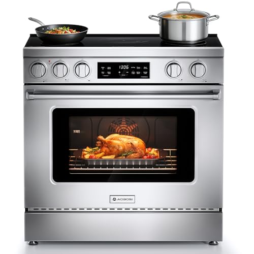 AAOBOSI 36 Inch 6 Cu.Ft Front Control Electric Range Oven with 5 Cooktop Elements,9 Cooking Power Level 9300W, Smrt Control Air Fryer Convection Self Clean Freestanding Oven,240V(No Powercord)