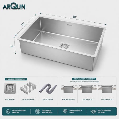 Image of ARQUIN Kitchen Sink 30x18x10 Inch Handmade Single Bowl Matt Finish Kitchen Sink 304 Grade Stainless Steel Kitchen Sinks|Sink For Kitchen Basin Square Drainer and Adjustable Fruit Basket