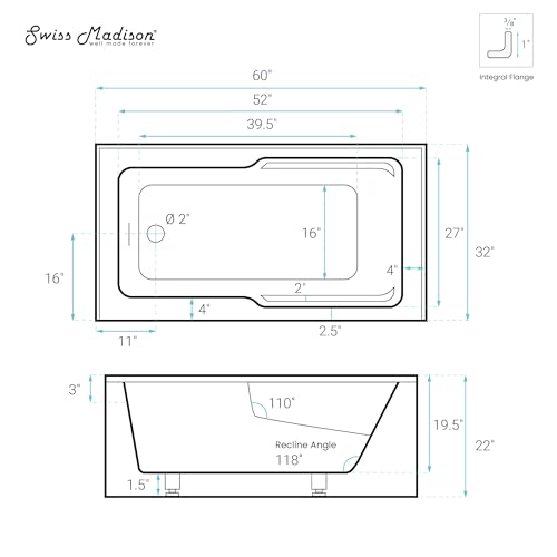 Swiss Madison Voltaire 60 x 32 Skirted Left Drain Soaking Apron Bathtub in Glossy White with Integrated Overflow and Armrest, Drain Included by Swiss Madison - Image 5