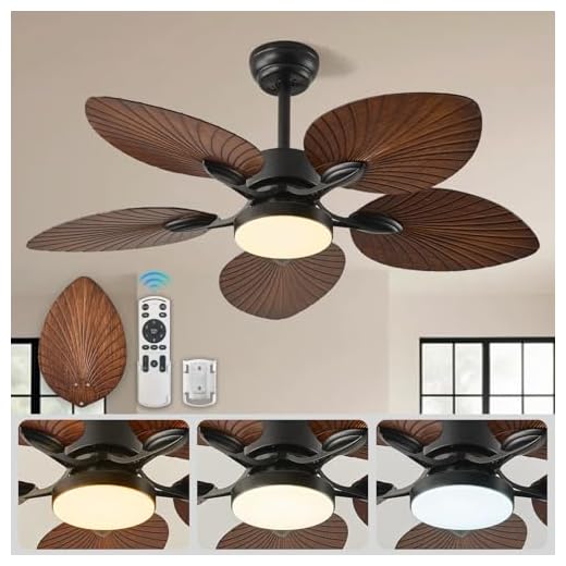Tropical Outdoor Ceiling Fan with Light & Remote - 42-Inch Palm Leaf Blades, Damp-rated, Ultra Quiet DC Motor, 6 Speeds, Dimmable 3-Color LED, Reversible for Patio Gazebo Pavilion
