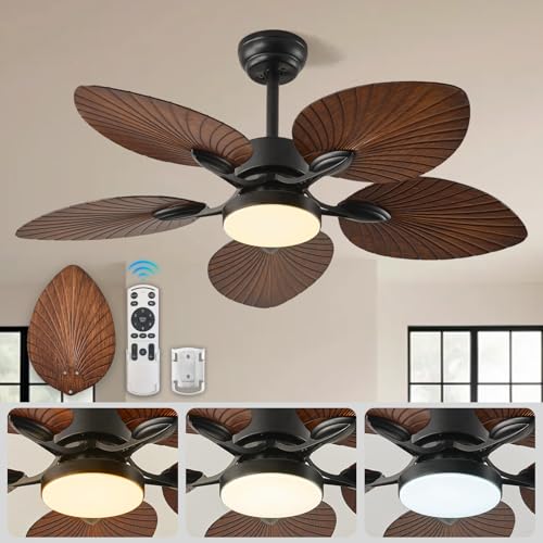 Liokoc 42-INCH Tropical Outdoor Ceiling Fan with Dimmable LED Light & Remote - Damp-Rated Palm Leaf...