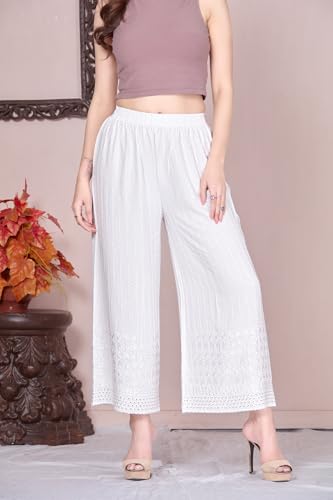 Image of VIVIKA Chikankari Palazzo Pants for Women |Rayon Wide Leg Ethnic Palazo with Embroidery | Comfortable Elastic Waist Women's Palazzo for Casual, Festive & Office Wear