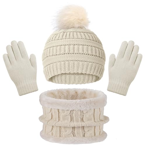 Image of Kids Winter Beanie Hat Scarf Gloves Set for 3-8 Years Old Boys Girls, Thick Warm Knitted Hat Gloves Fleece Lined Scarf Set