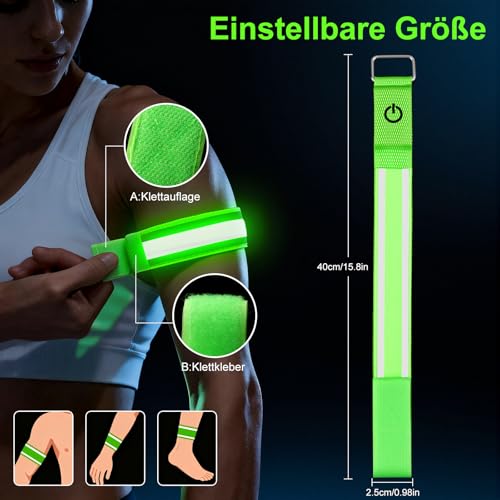 2 Stück Reflektorband, LED Armband Aufladbar, 3 Beleuchtungsmodi, leucht USB Armbänder Lichtband, Reflective Leucht Armbänder Leuchtarmband, Nacht Sicherheitslicht für Joggen, Radfahren, Hundewandern
