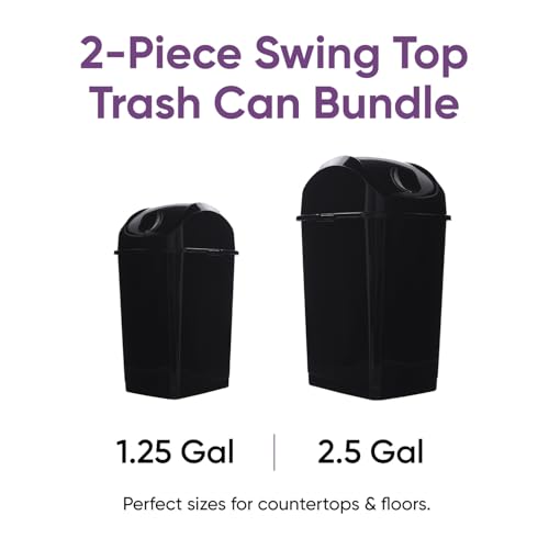 Image of Superio Mini 1.25 Gallon and Small 2.5 Gallon Plastic Trash Cans with Swing Top Lid, Grey Waste Bin for Countertop, Desk, Vanity, Bathroom, 2 Pack (Black)