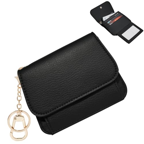 Image of Women Small Wallet RFID Blocking Slim Wallet with Coin Pocket Tri-Fold Credit Card Holder with ID Window and Keychain (Black)