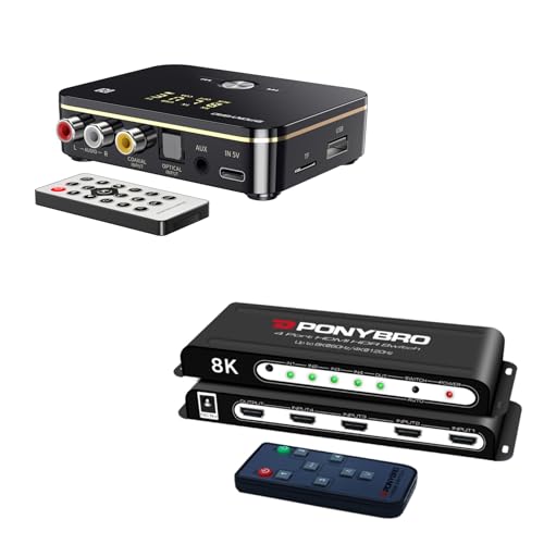 PONYBRO 8K 120Hz HDMI 2.1 Switch with Remote 4 in 1 Out and PONYBRO Bluetooth 5.0 Audio Receiver Transmitter 2 in 1 with Remote