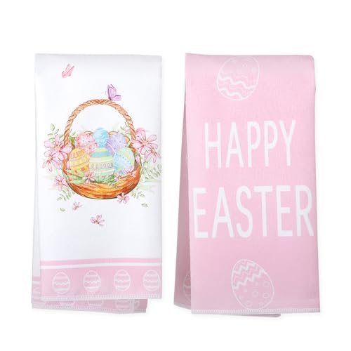 Hedeey Easter Kitchen Towels 4 Pack Happy Easter Egg Dish Towels 18X26 Inch Pink Hand Drying Tea Towel For Spring Holiday Cooking Baking Cleaning cover