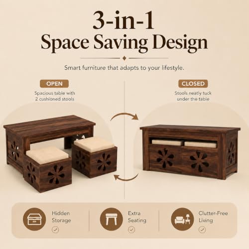 Image of Solid Sheesham Wooden Coffee Table With 2 Cushioned Stool|Teapoy Center Piece for Home Sofa Center Table for Living /Drawing Room,Hall|Space Saving Tea Table Set(Walnut Finish)Floral Jali