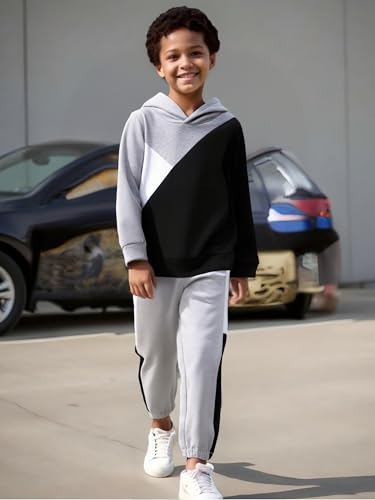 Image of Boys Clothes 2pcs Tween Boy Color Block Hoodie + Pants Little Boys Fall Winter Outfits Set, 4-12 Years