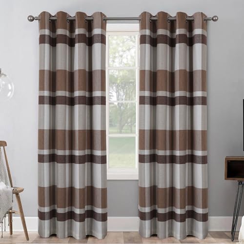 always4u 100% Blackout Curtains Check Eyelet Bedroom Tartan Curtain Plaid Woven Brushed Cheque Pair of Highland Woolen Look Window Treatment for Living Room Brown 46 * 54 Inches