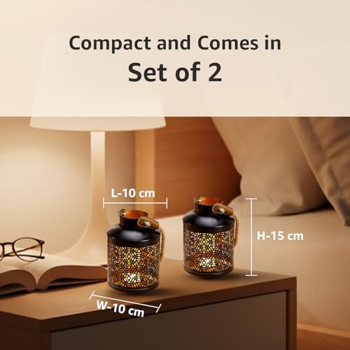 Image of Amazon Brand - Solimo Tea Light Lantern - Round Bottle Design, Black Iron with Gold Interior, Set of 2 (Size: L-10 cm x W-10 cm x H-15 cm)