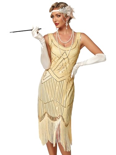 Viloree Damska sukienka Gatsby Frangby, kostium Gatsby, sukienka z klapką, 1920 V, dekolt, Szampan, M