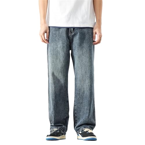 Men's Straight Cut Loose Retro Blue Jeans Fashion Pockets Wide Leg Vintage Jeans with Pockets