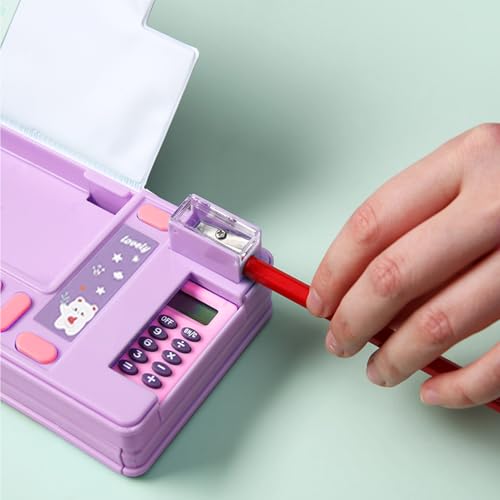 Image of Pop Up Multifunction Pencil Case, Cute Cartoon Pen Box Organizer Stationery with Calculators, Sharpener, Schedule, School Supplies, Best Birthday Gifts for Kids Teens (Purple)