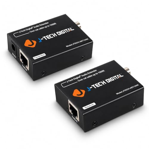 J-Tech Digital Digital Audio Extender Converter for Optical/Coaxial Audio Over Single Cat5e/6 Cable (PoC) up to 990’ (300m) for Dolby Digital, DTS 5.1, DTS-HD, PCM [JTECH-AET1000]