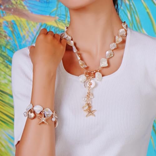 Firstmeet Natural Freshwater Shell Bracelet With Pearl Starfish Pendant Irregular Mother of Pearl Jewelry for Women2