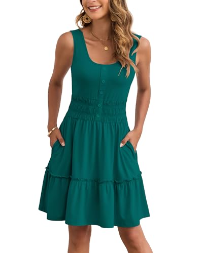 Image of AUSELILY Women Summer Dress Sleeveless Tank Button Down Dresses | Tank button down dress, Empire waist smocked, Casual beach vacation summer dresses with pockets