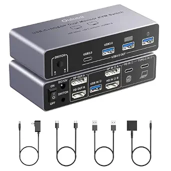 usbc kvm Switch, Dual Monitor KVM Switch for 1 Desktop and 1 Laptop, with Output Support for 4K@60Hz HDMI and DP Monitors, 4 USB 3.0 Ports, PD Charging, Wired Remote Control, USB Cables Included