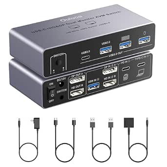 usbc KVM Switch, Dual Monitor KVM Switch for 1 Desktop and 1 Laptop, with Output Support for 4K@60Hz HDMI and DP Monitors, 4 USB 3.0 Ports, PD Charging, Wired Remote Control, USB Cables Included