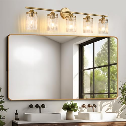 Image of Jonsi Gold Bathroom Light Fixtures 5-Light Vanity Lights Modern Wall Sconce with Clear Glass Shade Brushed Brass Bathroom Light Fixture Over Mirror for Bedroom Hallway Kitchen