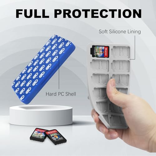 Image of FYY Nintendo Switch Game Case Holder for Switch 2 Cartridge Case with 24 Game Card Slots & 48 Micro SD Card Slots, Hard Shell, Silicone Lining Navy Gamepad Dot Pattern