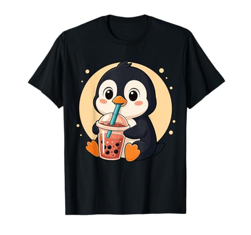 Lindo pingüino kawaii anime beber té de burbujas niña niños Camiseta