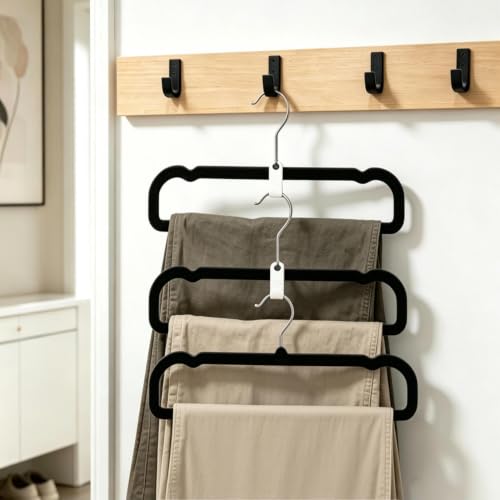 Image of 20 Pack Velvet Pants Hangers for Closet Space Saving, Thin Hanger (Black) | 35cm(L) Heavy Duty Flocked Trouser Hangers, Durable, Clothes Hanger with Silver Swivel Hook, Jean Hangers for Women and Men