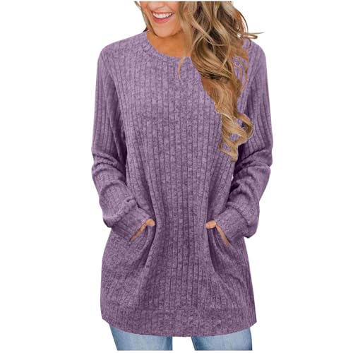 Fall Sweaters for Women Casual Long Sleeve Crew Neck Sweaters Ribbed Knit Fall Loose Tops Sweatshirt with Pockets