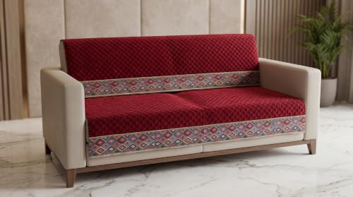 Image of KINGLY Sofa Cover 5 Seater 3+2 Velvet Full Cover - Maroon | Fully covered quilted velvet slipcover, washable anti-slip thick furniture protector for 3+2 living room sofa