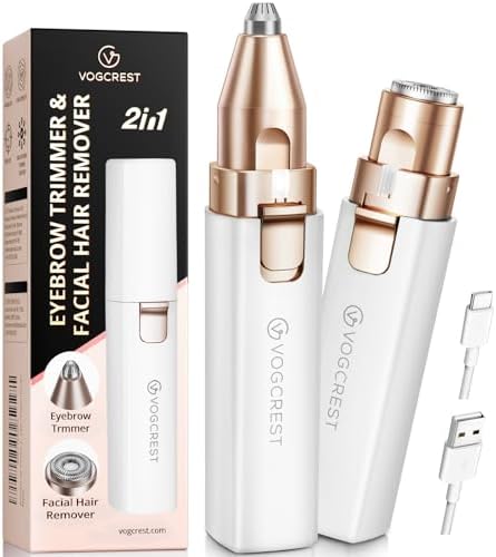 VG VOGCREST Portable Eyebrow Trimmer&Facial Hair Removal For Women,Rechargeable 2 In 1 Hair Remover And Eyebrow Razor,Eyebrow Lips Body Facial Hair Remover For Women With Built-In Led Light(White)
