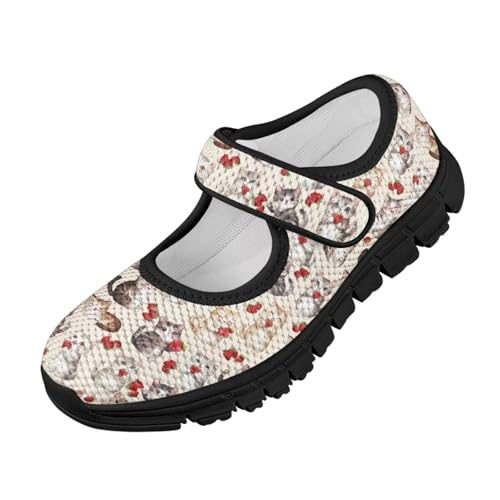 SYtrade Cat Strawberry Yellow Mary Jane Flats Kids Lightweight Walking Shoes Black Sole
