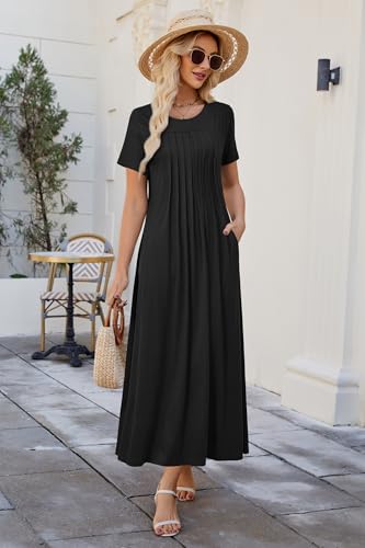 KILIG Summer Dresses for Women UK Short Sleeve Maxi Dress Ladies Pleated Long Dress with Pockets for Beach Vacation Black, L - Image 4