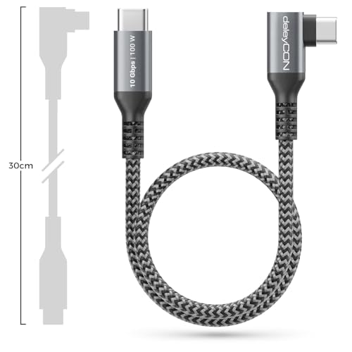 deleyCON 0,30m 100W 10 Gbps USB-C Kabel Krótki Kątowy 90 Grad (USB 3.2 Gen2) PD 3.0 Kabel Ładowania Przewód Danych 4K@60Hz do iPhone 17 16 15 Galaxy A16 A26 A56 S26 S25 S24 iPad SSD HDD MacBook PS5
